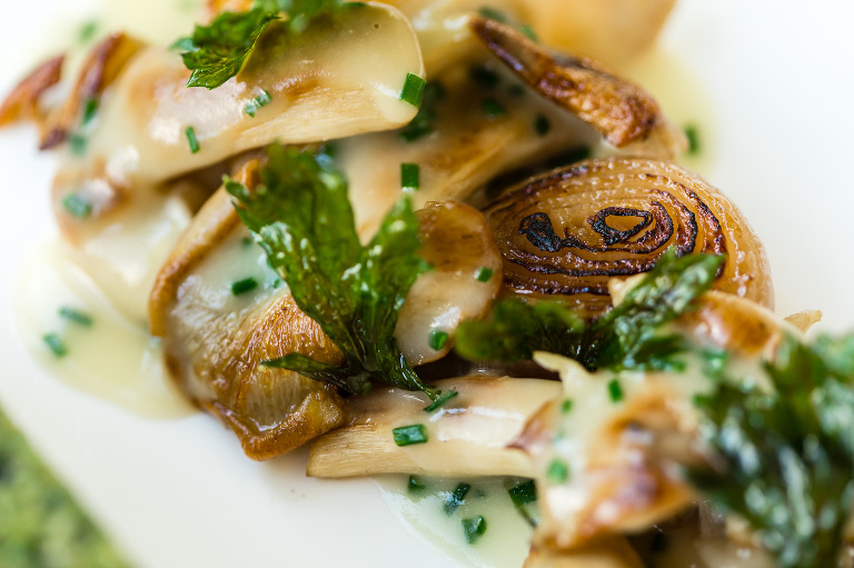 close up detail of mushroom onion and herbs on white plate at Coonara Springs restuarant