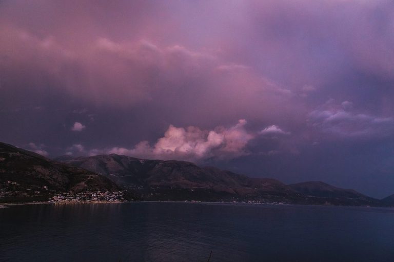 Purple storm clouds over Borshe town on coast of southern Albania